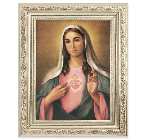 La Fuente: Immaculate Heart of Mary Picture, 8-1/4"x10-1/4 Antique Silver Finish with Acanthus Leaf Detail Under Glass # 27920