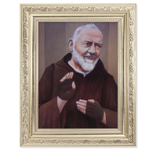 St. Padre Pio Picture, 8-1/4"x10-1/4 Antique Silver Finish with Acanthus Leaf Detail Under Glass # 27921