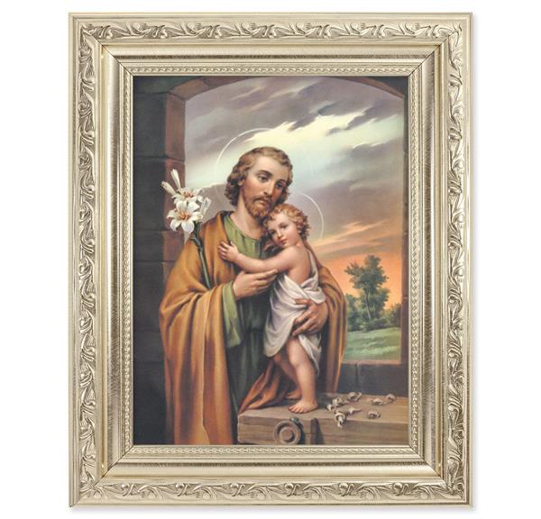 St. Joseph & Child Picture, 8-1/4"x10-1/4 Antique Silver Finish with Acanthus Leaf Detail Under Glass # 27926