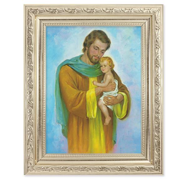 St. Joseph & Child Picture, 8-1/4"x10-1/4 Antique Silver Finish with Acanthus Leaf Detail Under Glass # 27935