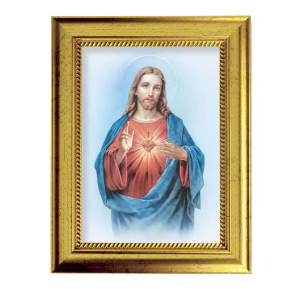 Sacred Heart Picture, 6-3/4"x8-3/4 Antique Gold Frame with Rope Detail Lip, Textured # 27939