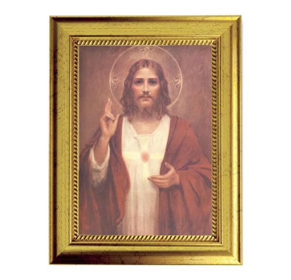 Chambers: Sacred Heart Picture, 6-3/4"x8-3/4 Antique Gold Frame with Rope Detail Lip, Textured # 27940