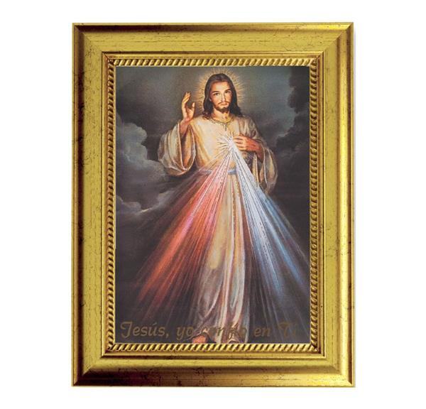 Spansh Divine Mercy Picture, 6-3/4"x8-3/4 Antique Gold Frame with Rope Detail Lip, Textured # 27942