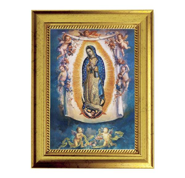 Our Lady of Guadalupe with Angels Picture, 6-3/4"x8-3/4 Antique Gold Frame with Rope Detail Lip, Textured # 27956