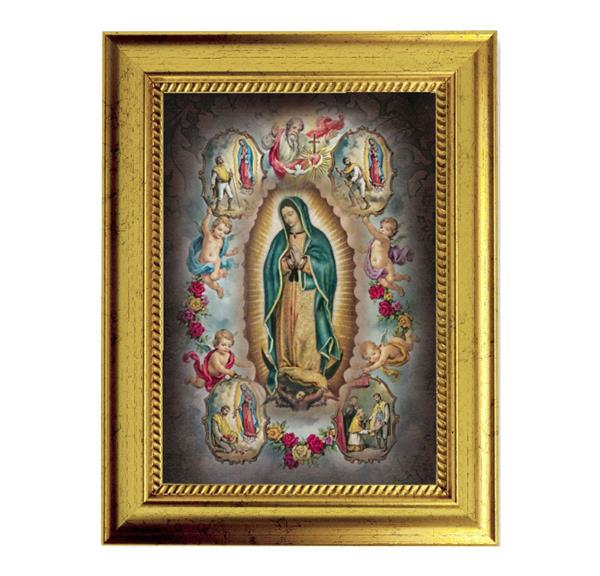 Our Lady of Guadalupe Collage, 6-3/4"x8-3/4 Antique Gold Frame with Rope Detail Lip, Textured # 27957