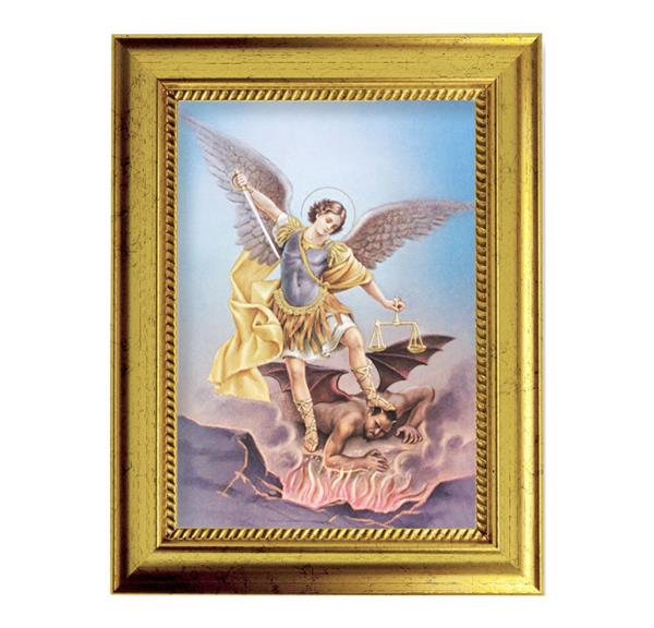 St. Michael Picture, 6-3/4"x8-3/4 Antique Gold Frame with Rope Detail Lip, Textured # 27979