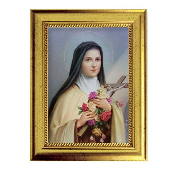 St. Therese of Lisieux Picture, 6-3/4"x8-3/4 Antique Gold Frame with Rope Detail Lip, Textured # 27980