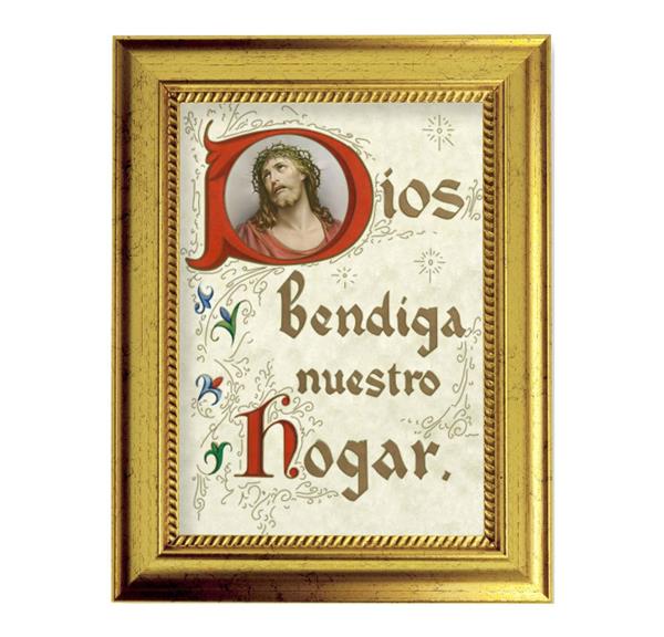 Spanish God Bless Our Home Picture, 6-3/4"x8-3/4 Antique Gold Frame with Rope Detail Lip, Textured # 27985