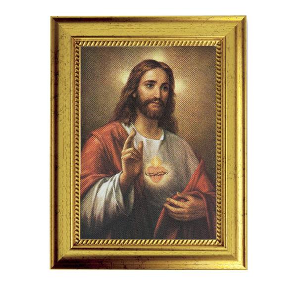La Fuente: Sacred Heart of Jesus Picture, 6-3/4"x8-3/4 Antique Gold Frame with Rope Detail Lip, Textured # 27986