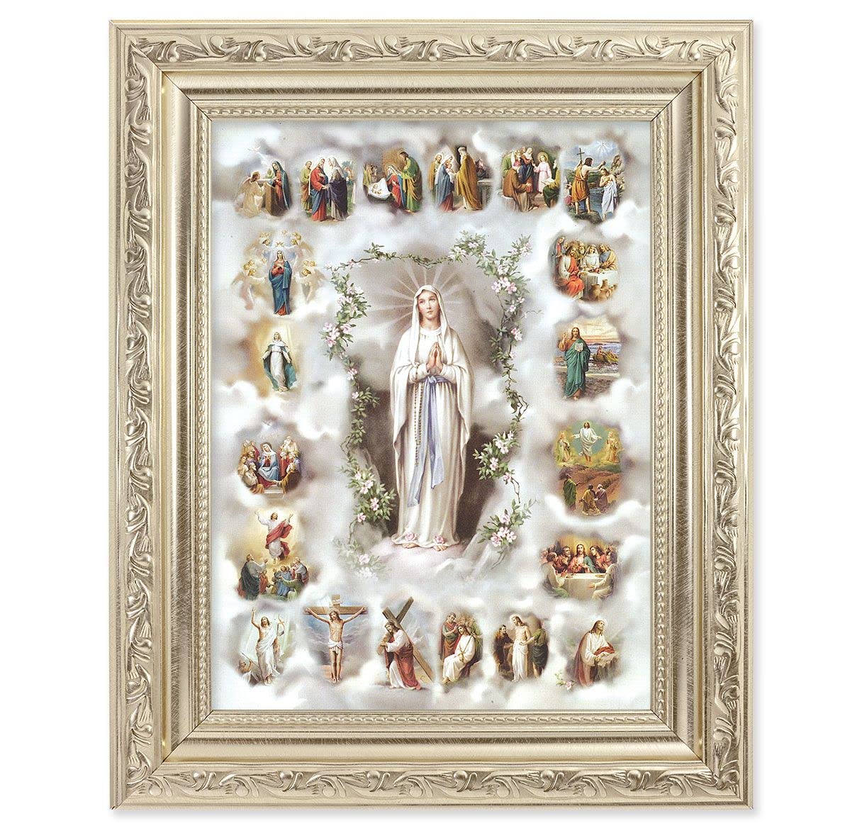 Mysteries of The Rosary Picture, 8-1/4"x10-1/4 Antique Silver Finish with Acanthus Leaf Detail Under Glass # 27882