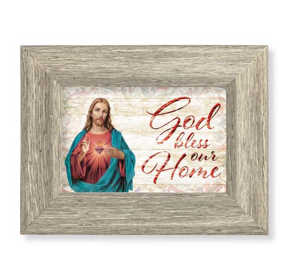 Sacred Heart Printed on Wood, 6-1/2"x8-1/2 Weathered Gray Frame, Italian # 28025