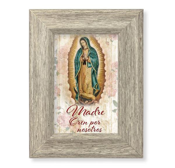 Spanish Our Lady of Guadalupe Printed on Wood, 6-1/2"x8-1/2 Weathered Gray Frame, Italian # 28027