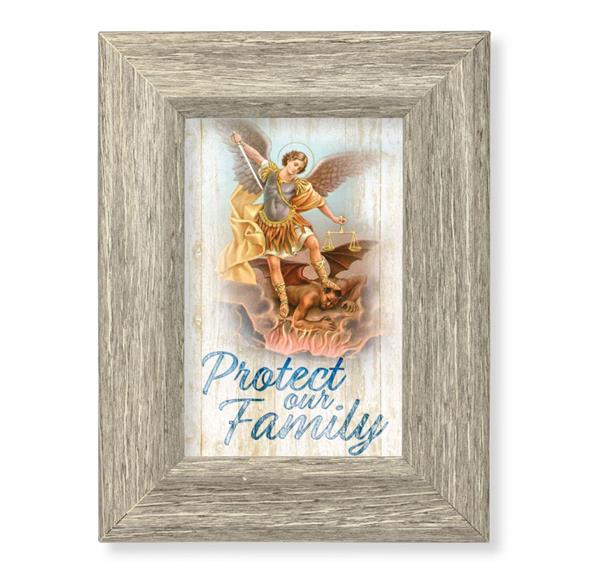 St. Michael Family Blessing Printed on Wood, 6-1/2"x8-1/2 Weathered Gray Frame, Italian # 28029