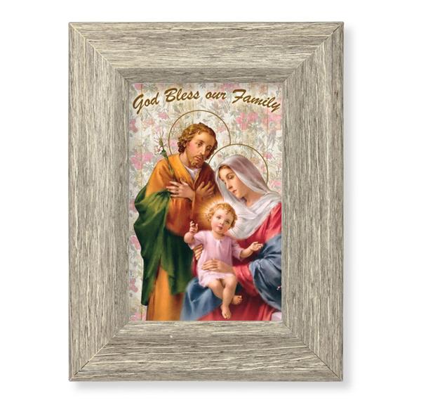 Holy Family Blessing Printed on Wood, 6-1/2"x8-1/2 Weathered Gray Frame, Italian # 28030