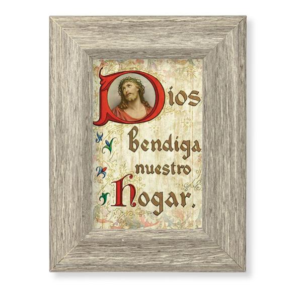 Spanish God Bless Our Home Printed on Wood, 6-1/2"x8-1/2 Weathered Gray Frame, Italian # 28033