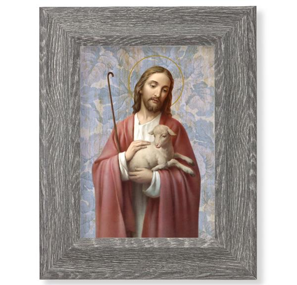 Good Shepherd Print on Wood, 7-1/2"x9-1/2 Dark Gray Weathered Frame, Italian # 28036