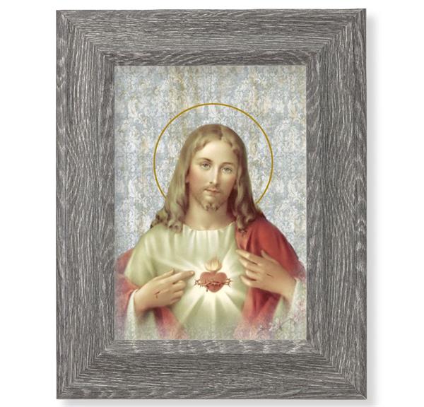 Sacred Heart of Jesus Print on Wood, 7-1/2"x9-1/2 Dark Gray Weathered Frame, Italian # 28037