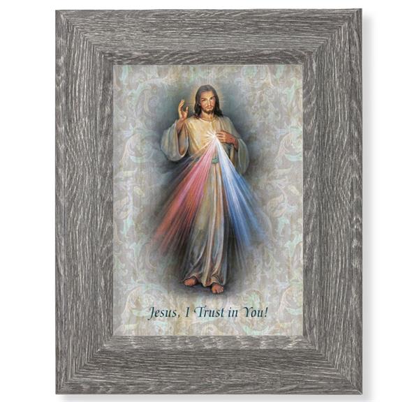 Divine Mercy Print on Wood, 7-1/2"x9-1/2 Dark Gray Weathered Frame, Italian # 28038