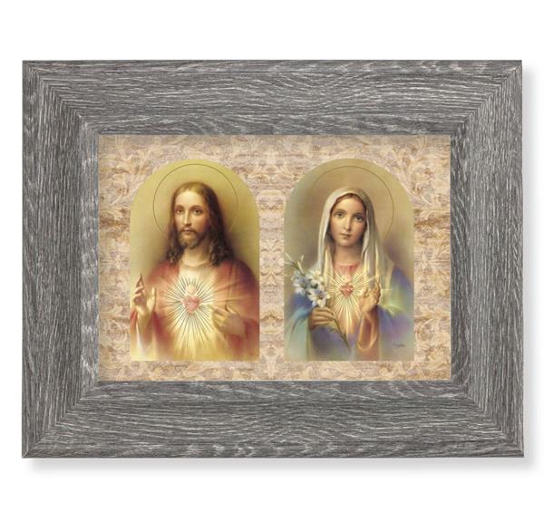 The Sacred Hearts Print on Wood, 7-1/2"x9-1/2 Dark Gray Weathered Frame, Italian # 28041