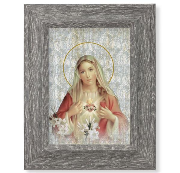 Immaculate Heart of Mary Print on Wood, 7-1/2"x9-1/2 Dark Gray Weathered Frame, Italian # 28044
