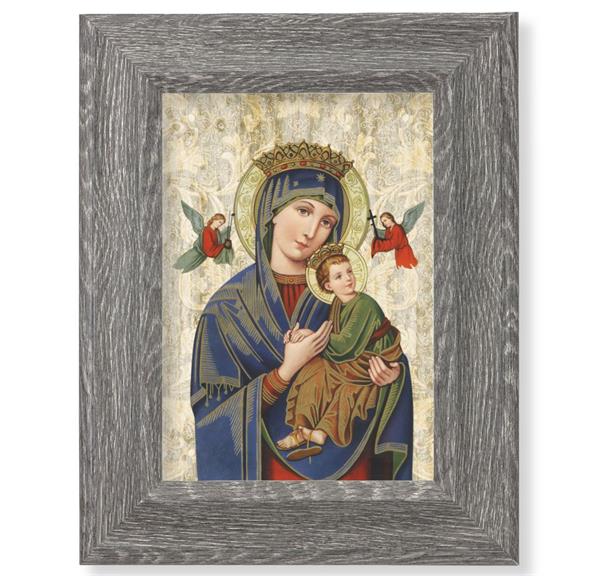 Our Lady of Perpetual Help Print on Wood, 7-1/2"x9-1/2 Dark Gray Weathered Frame, Italian # 28045