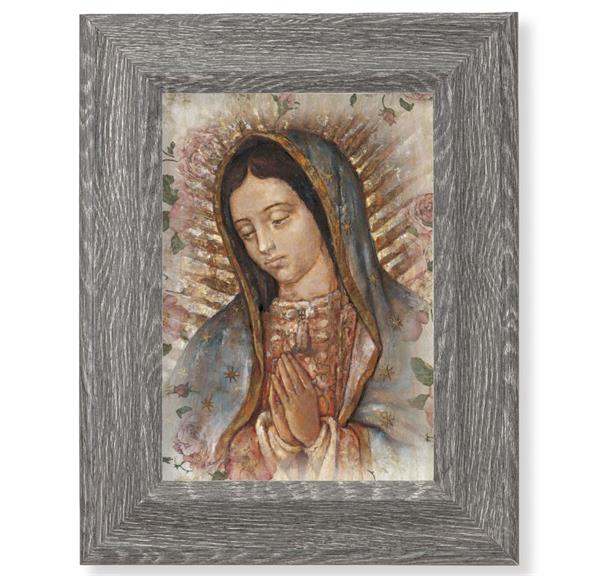 Our Lady of Guadalupe Print on Wood, 7-1/2"x9-1/2 Dark Gray Weathered Frame, Italian # 28046