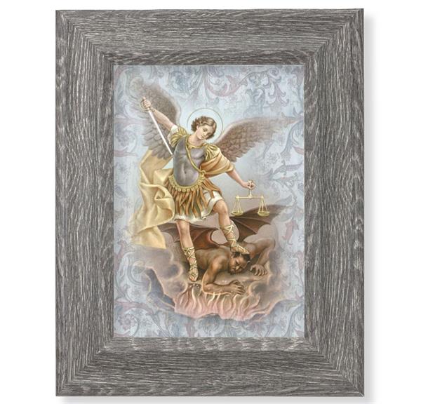 St. Michael Print on Wood, 7-1/2"x9-1/2 Dark Gray Weathered Frame, Italian # 28048
