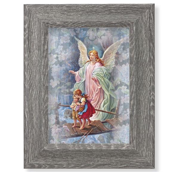 Guardian Angel Print on Wood, 7-1/2"x9-1/2 Dark Gray Weathered Frame, Italian # 28049