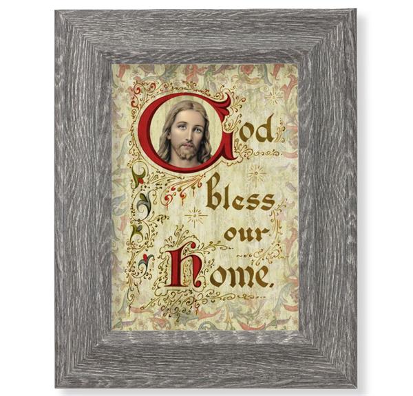 God Bless Our Home Print on Wood, 7-1/2"x9-1/2 Dark Gray Weathered Frame, Italian # 28052