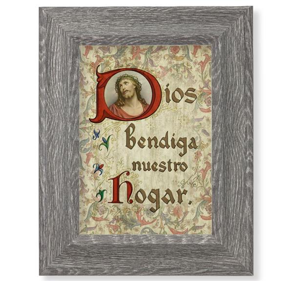 Spanish God Bless Our Home Print on Wood, 7-1/2"x9-1/2 Dark Gray Weathered Frame, Italian # 28053