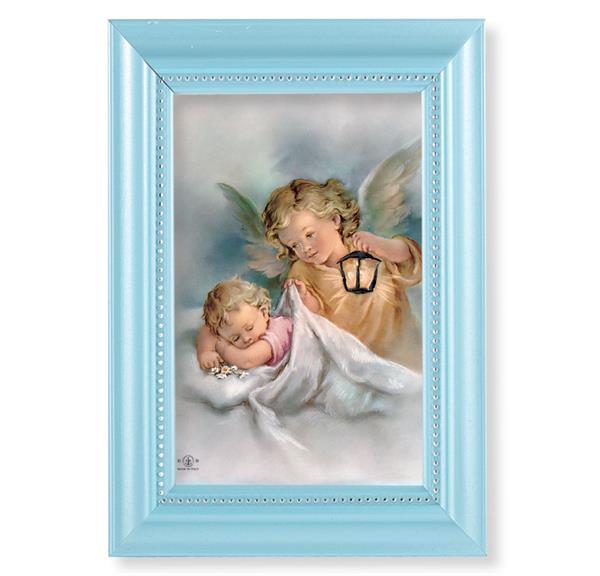 Guardian Angel with Lantern Picture, Pearlized Blue 5-1/2"x7 Frame, Beaded Lip, Under Glass # 28057
