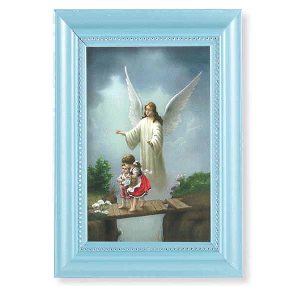 Guardian Angel Picture, Pearlized Blue 5-1/2"x7 Frame, Beaded Lip, Under Glass # 28059