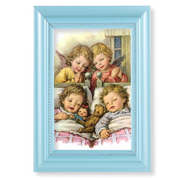 Guardian Angels with Twins Picture, Pearlized Blue 5-1/2"x7 Frame, Beaded Lip, Under Glass # 28060