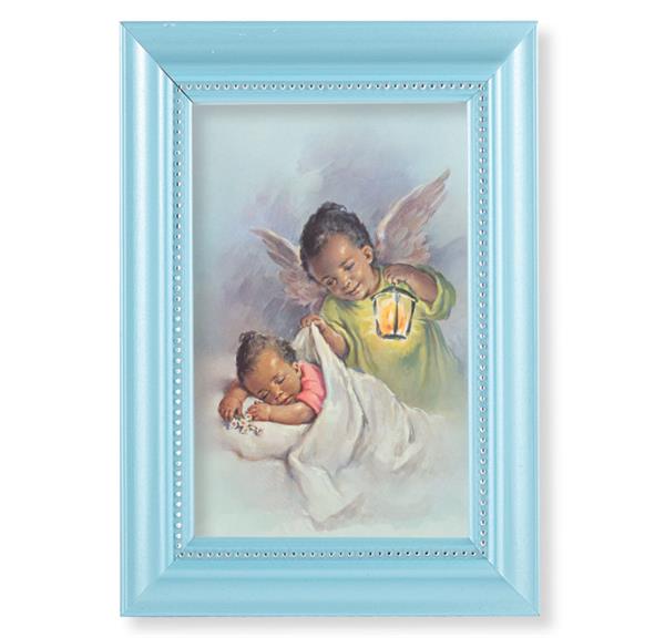Black Guardian Angel Picture, Pearlized Blue 5-1/2"x7 Frame, Beaded Lip, Under Glass # 28061