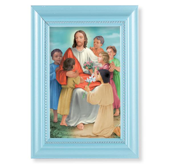 Jesus with Children Picture, Pearlized Blue 5-1/2"x7 Frame, Beaded Lip, Under Glass # 28064