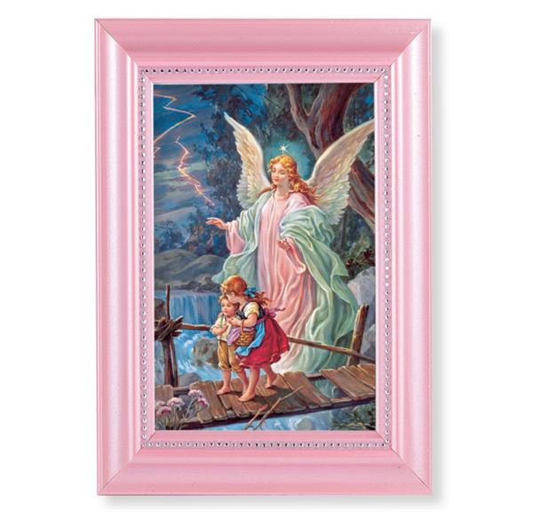 Guardian Angel Picture, Pearlized Pink 5-1/2"x7 Frame, Beaded Lip, Under Glass # 28067