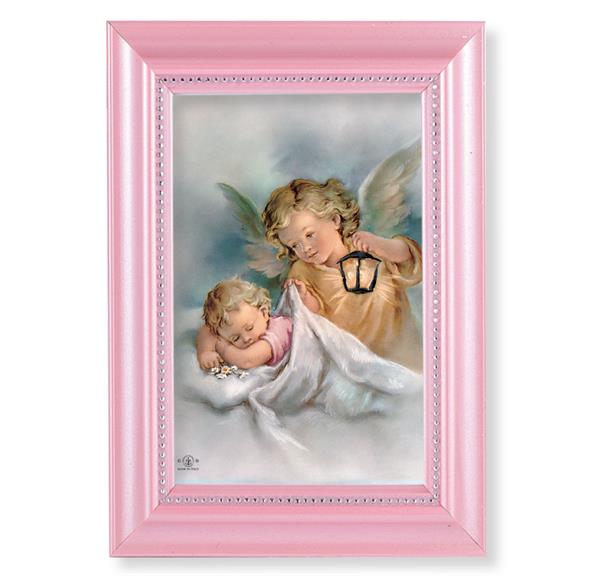 Guardian Angel with Lantern Picture, Pearlized Pink 5-1/2"x7 Frame, Beaded Lip, Under Glass # 28069