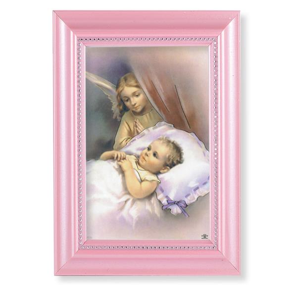 Guardian Angel Picture, Pearlized Pink 5-1/2"x7 Frame, Beaded Lip, Under Glass # 28070