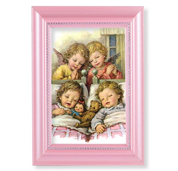 Guardian Angels with Twins Picture, Pearlized Pink 5-1/2"x7 Frame, Beaded Lip, Under Glass # 28072