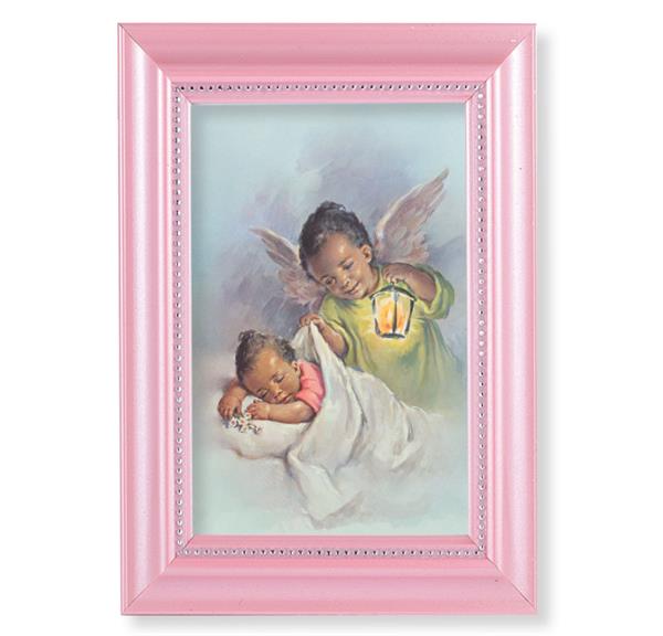 Black Guardian Angel Picture, Pearlized Pink 5-1/2"x7 Frame, Beaded Lip, Under Glass # 28073