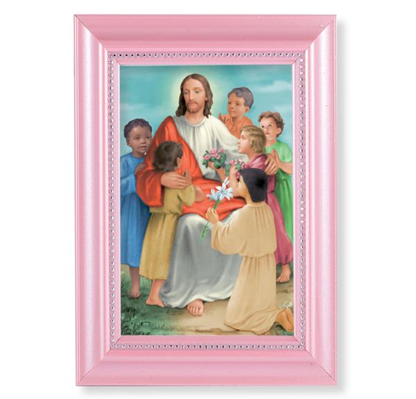Jesus with Children Picture, Pearlized Pink 5-1/2"x7 Frame, Beaded Lip, Under Glass # 28076