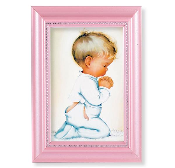 Praying Boy Picture, Pearlized Pink 5-1/2"x7 Frame, Beaded Lip, Under Glass # 28077
