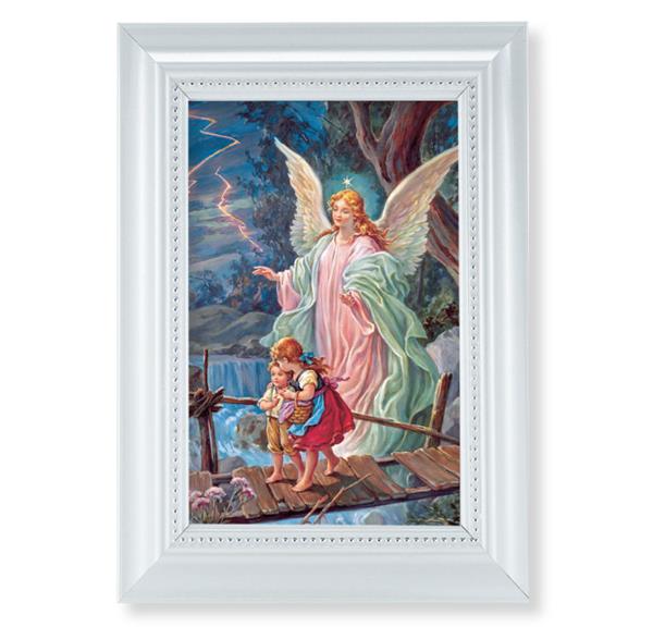 Guardian Angel Picture, Pearlized White 5-1/2"x7 Frame, Beaded Lip, Under Glass # 28079