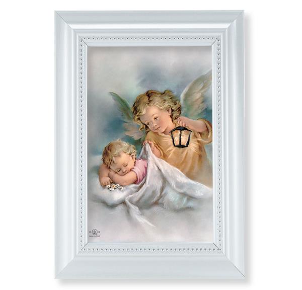 Guardian Angel with Lantern Picture, Pearlized White 5-1/2"x7 Frame, Beaded Lip, Under Glass # 28081