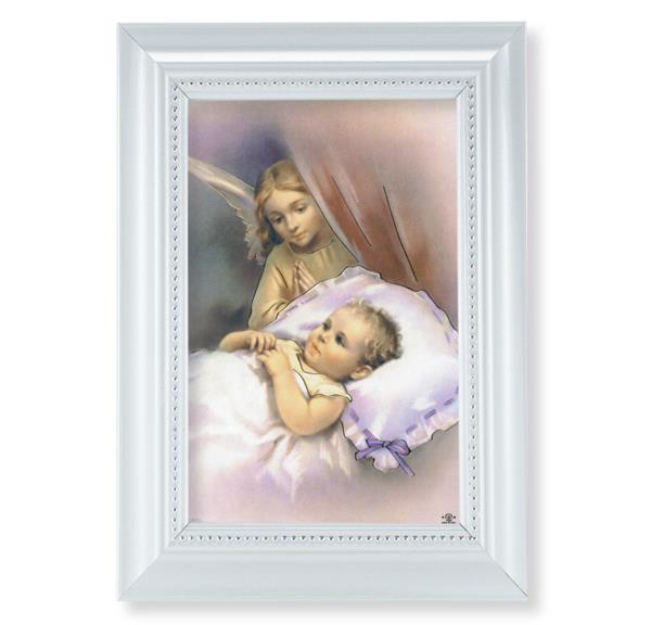 Guardian Angel Picture, Pearlized White 5-1/2"x7 Frame, Beaded Lip, Under Glass # 28082