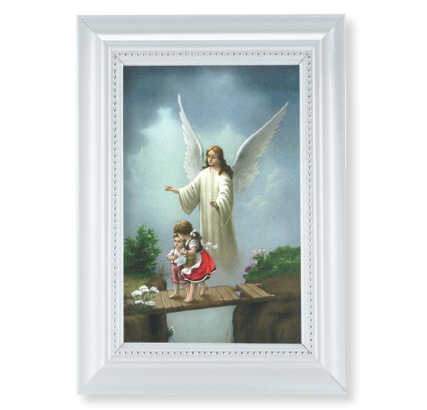 Guardian Angel Picture, Pearlized White 5-1/2"x7 Frame, Beaded Lip, Under Glass # 28083