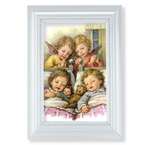 Guardian Angels with Twins Picture, Pearlized White 5-1/2"x7 Frame, Beaded Lip, Under Glass # 28084