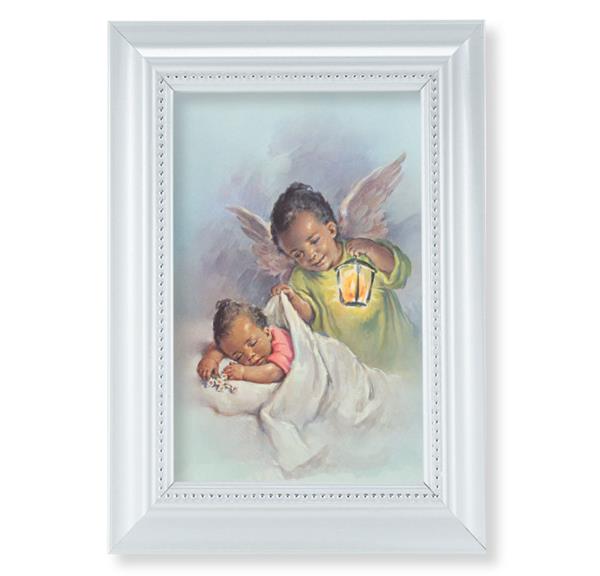 Black Guardian Angel Picture, Pearlized White 5-1/2"x7 Frame, Beaded Lip, Under Glass # 28085