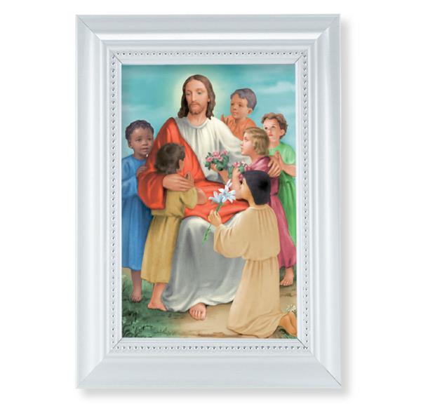 Jesus with Children Picture, Pearlized White 5-1/2"x7 Frame, Beaded Lip, Under Glass # 28088