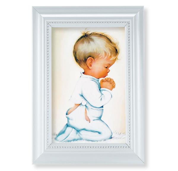 Praying Boy Picture, Pearlized White 5-1/2"x7 Frame, Beaded Lip, Under Glass # 28091